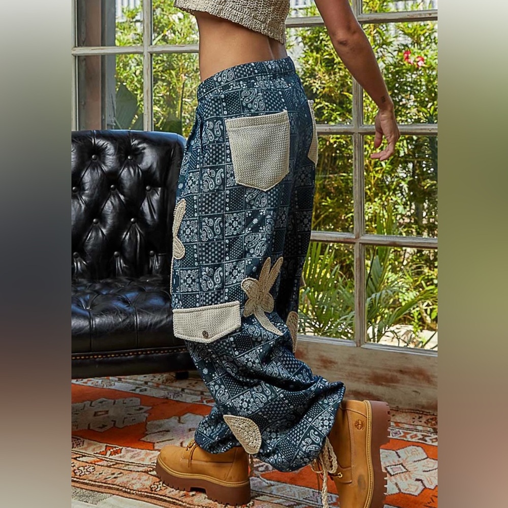 POL Large Boho Patchwork Blue and Beige Pants - image 2